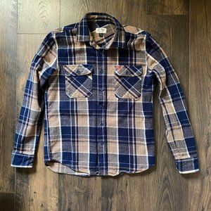 Brixton X Coors Beer Bowery Flannel Long Sleeved Shirt, Banquet Navy Blue Plaid